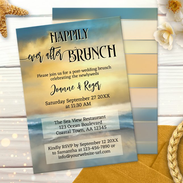 Convite Happily Ever After Wedding Beach Brunch (After wedding brunch invitation showing an original fine art painting of a sunset at a stormy beach)