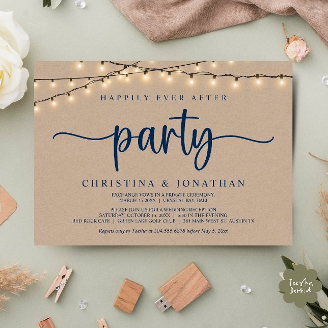 Convite Happily Ever After Wedding Party,  String Lights (Happily Ever After Wedding Party, String Lights, Brown Kraft Invitation card, PDF, Navy Blue)