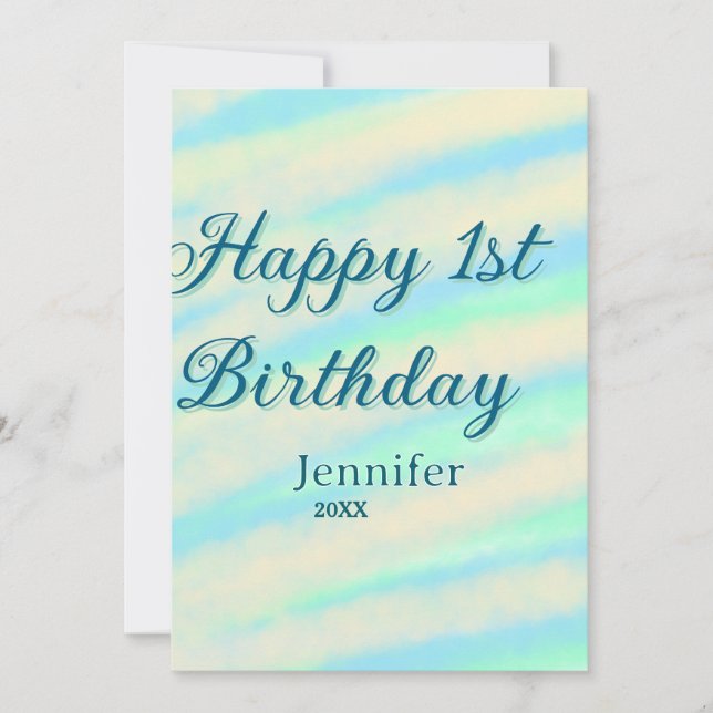 Convite Happy 1st birthday kids baby blue green pastel ret (Frente)