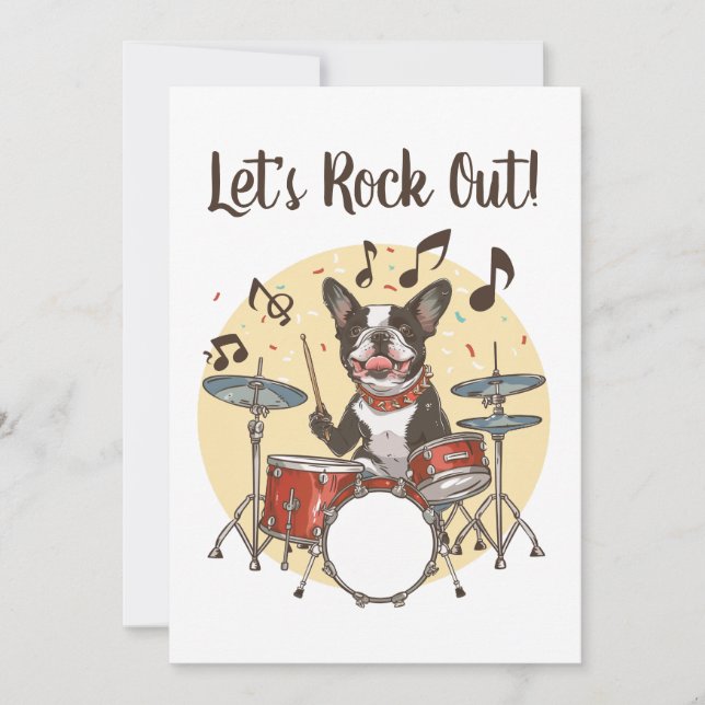 Convite Happy Birthday Boston Terrier Dog Playing Drums (Frente)