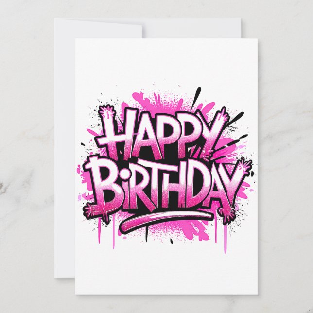 Convite Happy Birthday Graffiti Pink & White Invite (Frente)