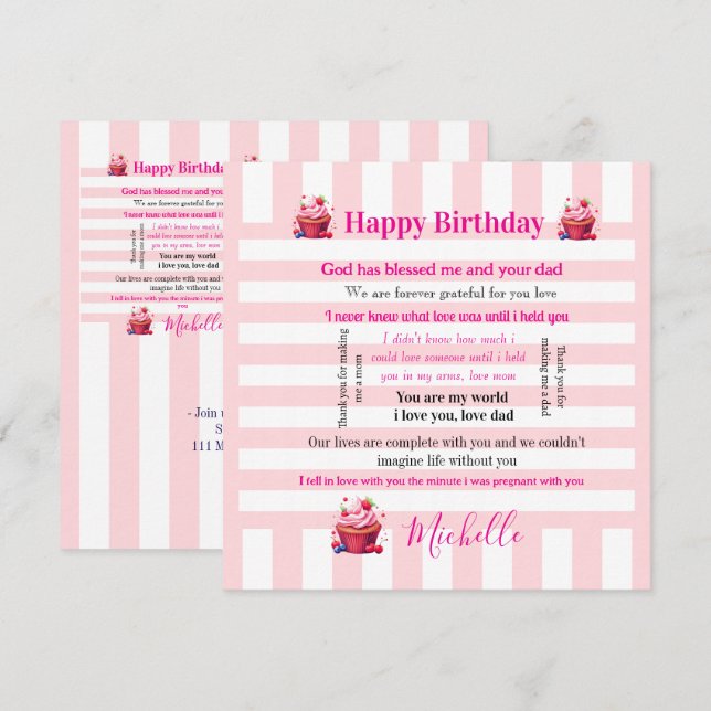Convite Happy Birthday Invitation Pink & White Stripe (Frente/Verso)