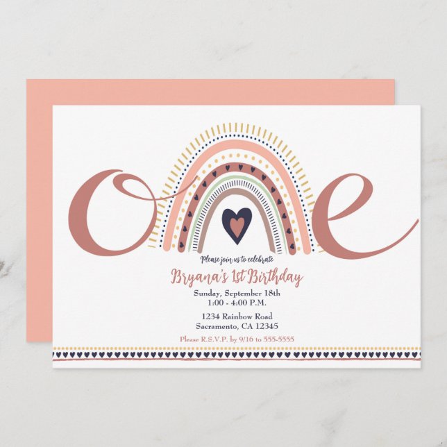 Convite Happy Boho Rainbow Modern 1 primeiro aniversario P (Frente/Verso)