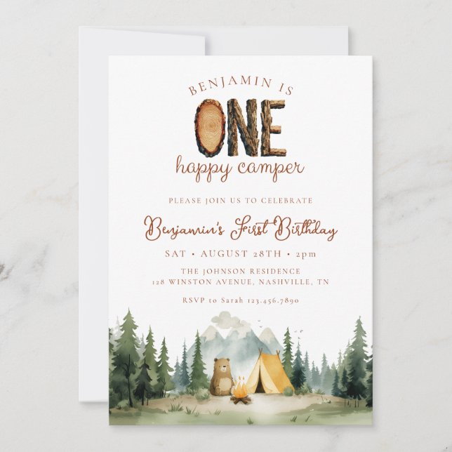 Convite Happy Camper Forest Bear 1st Birthday (Frente)