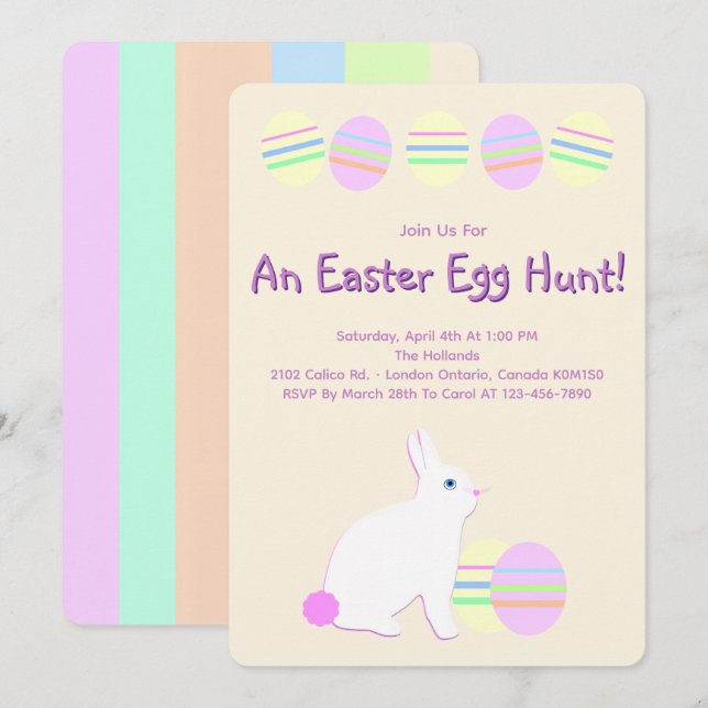 Convite Happy Easter Bunny and Eggs on Pastel Stripes  (Frente/Verso)
