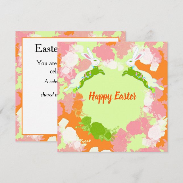 Convite Happy Easter Invitation Card – Cute Bunny Floral  (Frente/Verso)