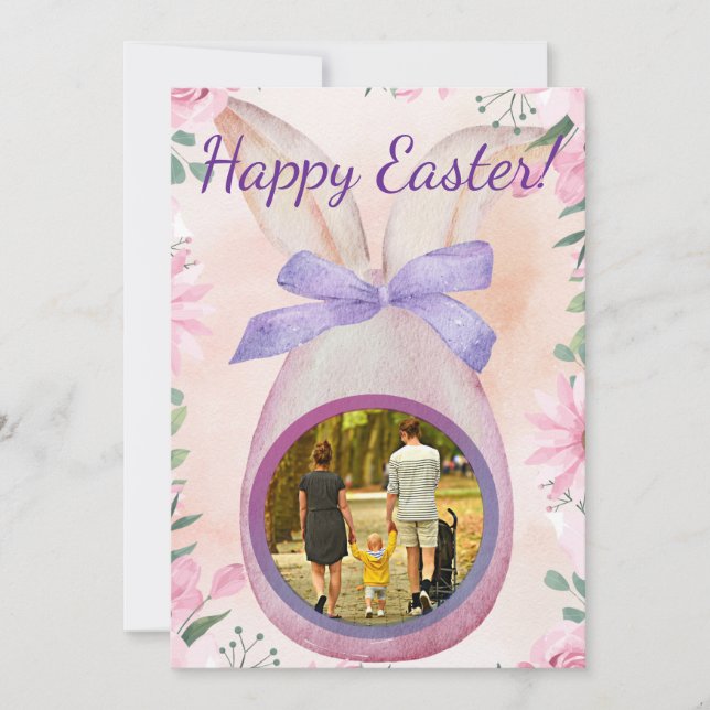 Convite Happy Easter pink egg with bow insert photo (Frente)