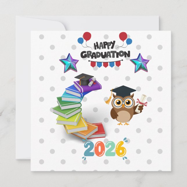 Convite Happy Graduation 2026 - Cute Owl & Books  (Frente)