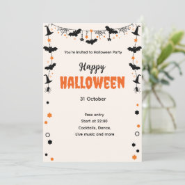 Convite Happy Halloween Party Invitation with Bats, Stars 