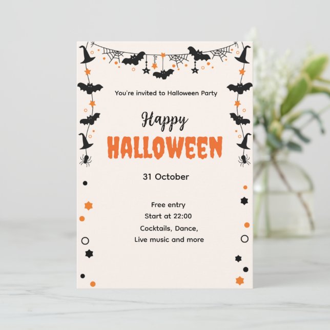 Convite Happy Halloween Party Invitation with Bats, Stars  (Em pé/Frente)
