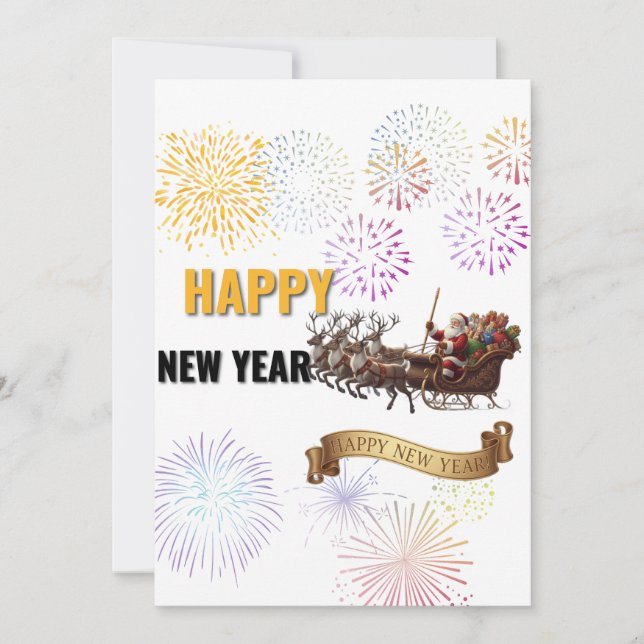 Convite Happy New Year 2026 – Fireworks & Santa Sleigh Gre (Frente)