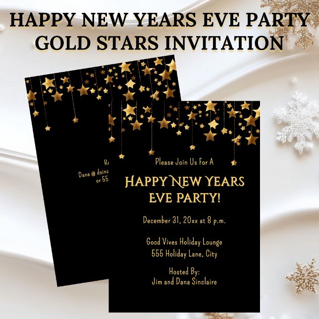 Convite Happy New Years Eve Party Gold Stars (Happy New Years Eve Party Invitation Gold Stars on Black)