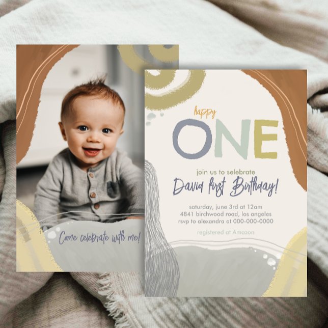 Convite Happy One First Birthday Photo boy Invitation (Criador carregado)