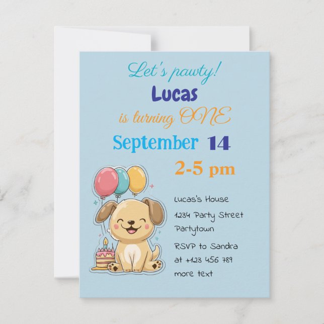 Convite Happy Puppy, Boy, Let's Pawty, 1st Birthday  (Frente)
