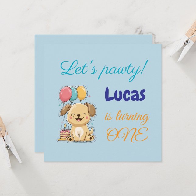 Convite Happy Puppy, Boy, Let's Pawty, 1st Birthday Card (Frente/Verso In Situ)