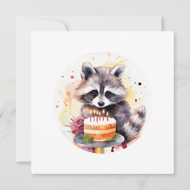 Convite Happy Raccoon com bolo de aniversário (Frente)