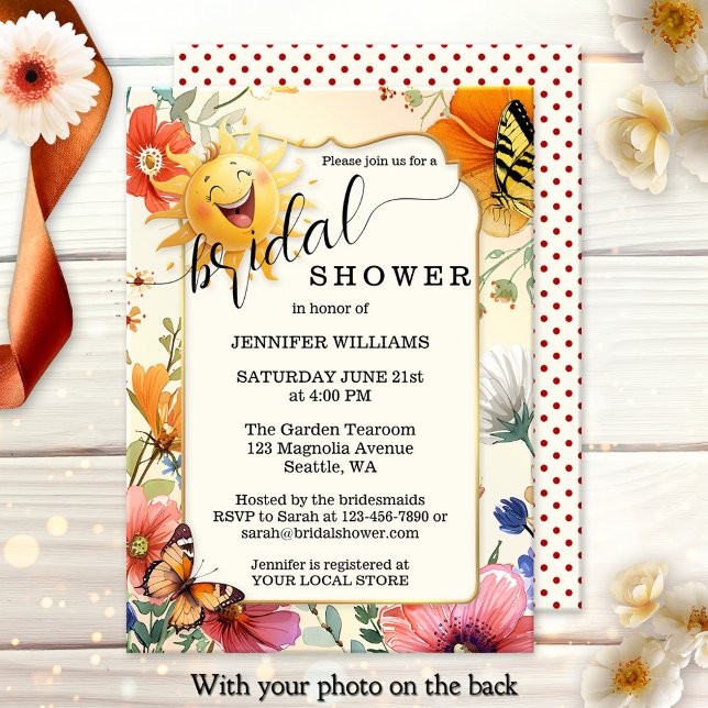 Convite Happy Retro Wildflower Watercolor Bridal Shower (Bridal shower photo invitation featuring watercolor wildflowers and a happy laughing sun)