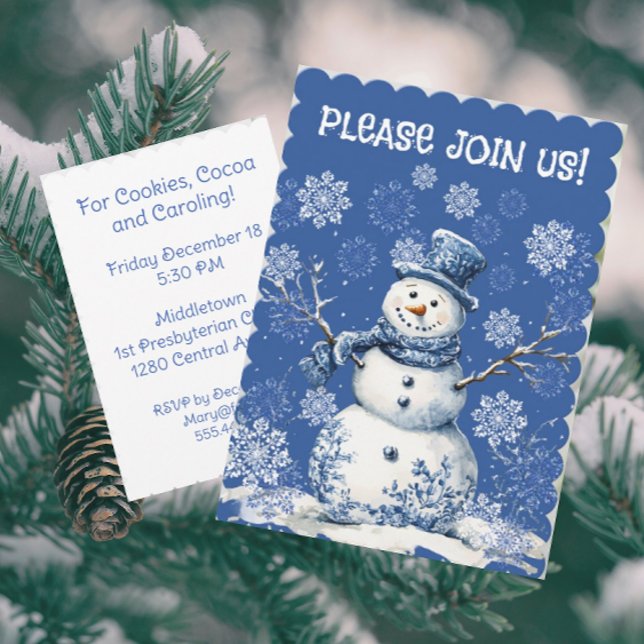 Convite Happy Snowman Snowflakes Blue White Chinoiserie  (Customize this invitation with your own information!)
