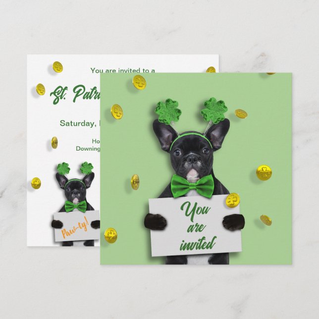 Convite Happy St. Patrick’s Day Clover Cute French Bulldog (Frente/Verso)