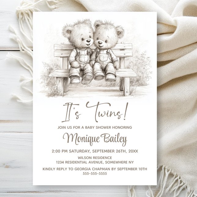 Convite Happy Teddy Bear Twins Baby Shower (Criador carregado)