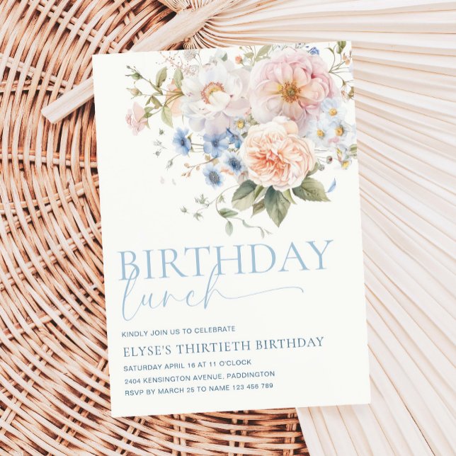 Convite Hargrove Blue Floral Birthday Lunch (Criador carregado)