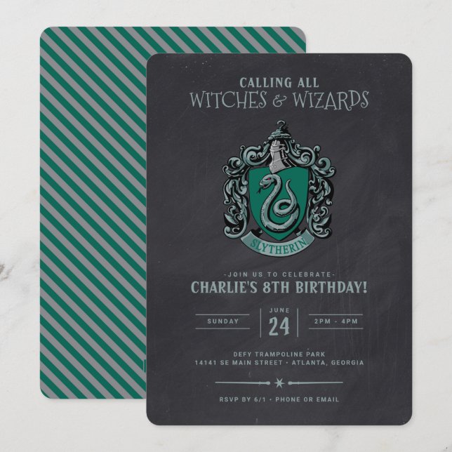 Convite Harry Potter Birthday | Quadro alcalino Slytherin (Frente/Verso)