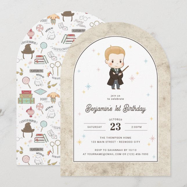 Convite Harry Potter | Chibi Draco Malfoy Mago Aniversário (Frente/Verso)