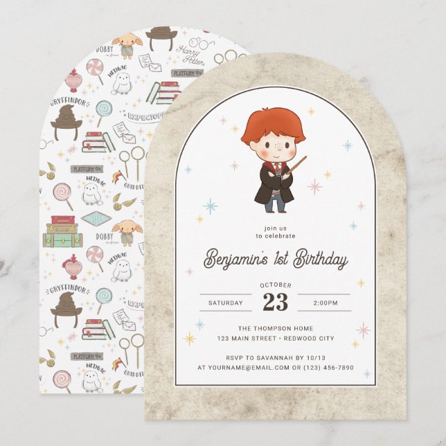 Convite Harry Potter | Chibi Ron Weasley Mago Aniversário (Frente/Verso)