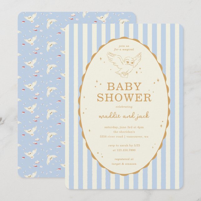 Convite Harry Potter Hedwig Blue Stripe Baby Shower (Frente/Verso)