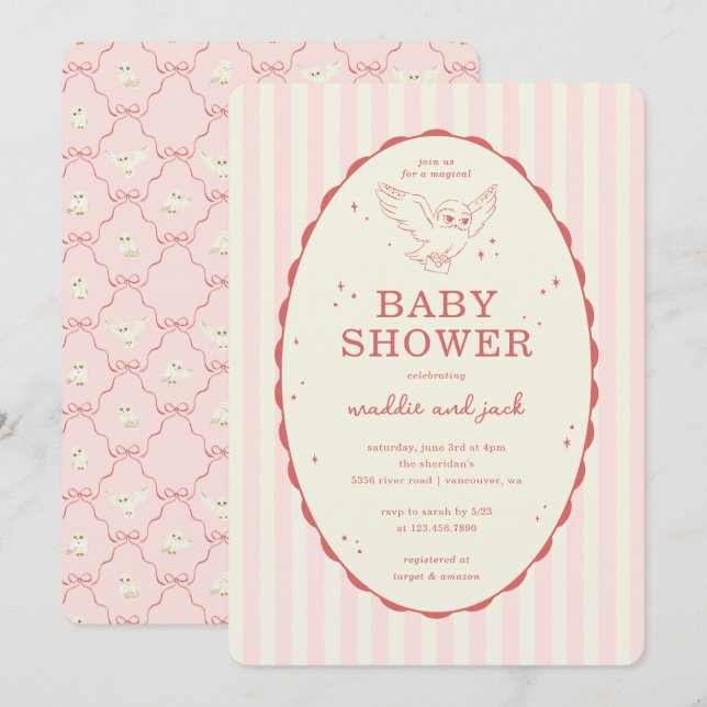 Convite Harry Potter Hedwig Pink Stripe Baby Shower (Frente/Verso)