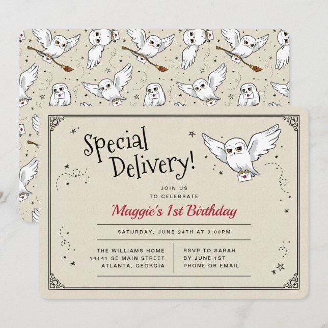 Convite Harry Potter Hedwig Special Delivery Birthday (Frente/Verso)
