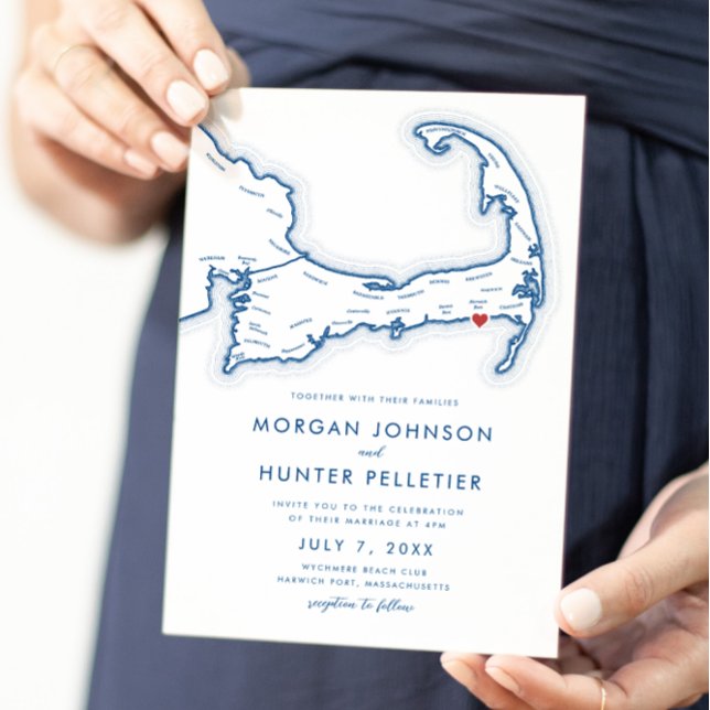 Convite Harwich Port Cape Cod Marinho Casamento Minimalist (Harwich Port MA Minimal Modern Cape Cod Wedding Wedding Invitation in Navy Blue Coastal Map Designs )