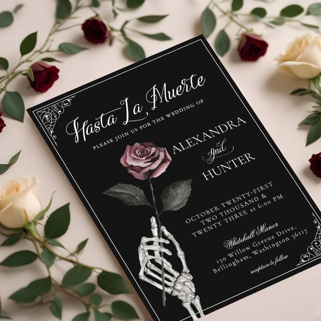 Convite Hasta La Muerte Skeleton Rosa até Casamento da Mor (Hasta La Muerte Skeleton Rose Until Death Wedding Invitation (Front))