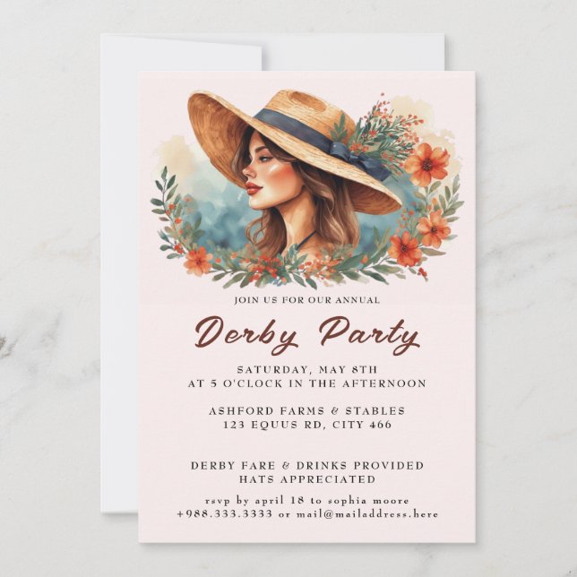 Convite Hat Watercolor Derby Party (Frente)