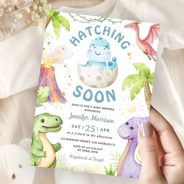 Convite Hatching Soon Boy Dinosaur Baby Shower (Criador carregado)