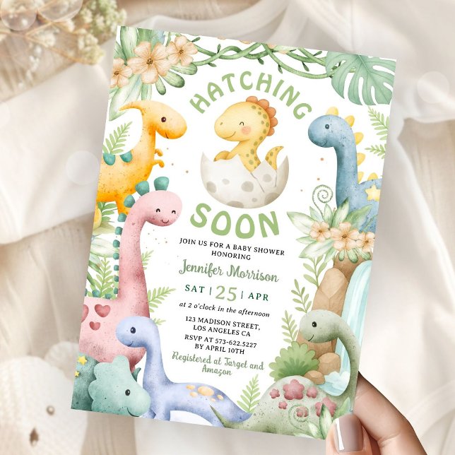 Convite Hatching Soon Dino Baby Shower Gender Neutral (Criador carregado)
