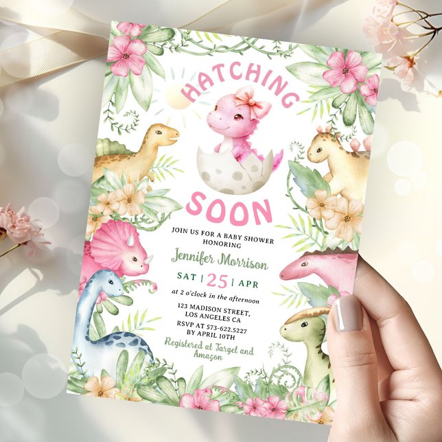 Convite Hatching Soon Dino Girl Dinosaur Baby Shower (Criador carregado)
