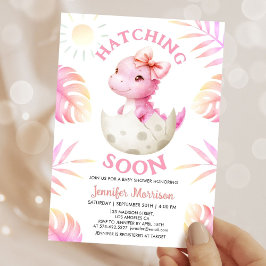 Convite Hatching Soon Dinosaur Baby Shower Girl Pink Dino