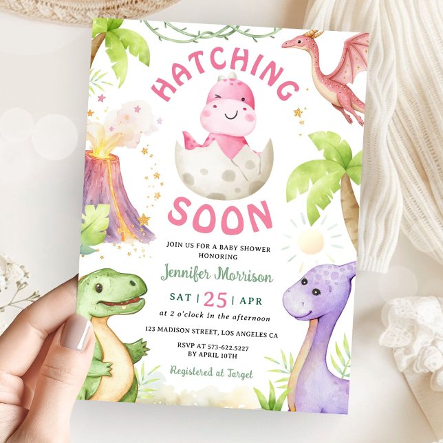 Convite Hatching Soon Girl Dinosaur Baby Shower (Criador carregado)