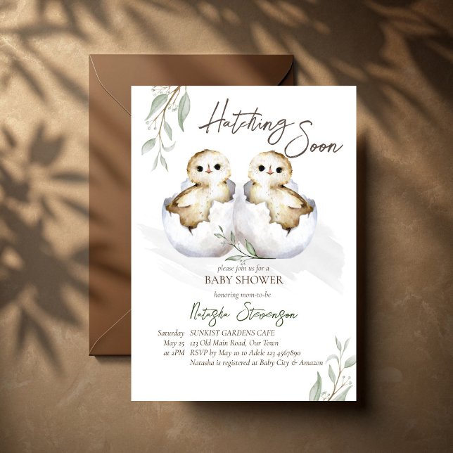 Convite Hatching soon little bird inside egg baby shower (Hatching soon two little birds inside egg twins baby shower invitation cards template)