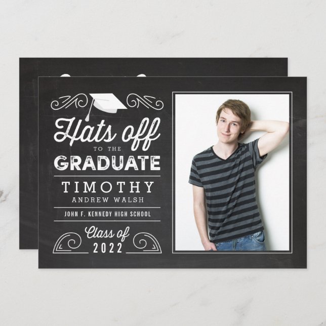 Convite Hats Off Graduation Chalkboard Invitation (Frente/Verso)
