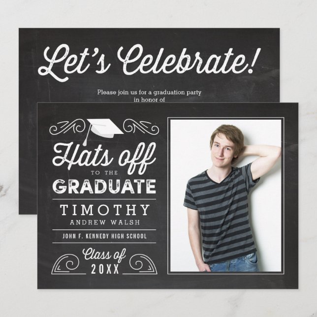 Convite Hats Off Graduation Chalkboard Invitation (Frente/Verso)