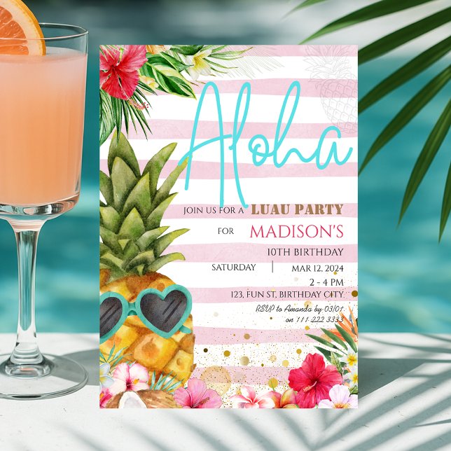 Convite Havaí Luau Pineapple Tropical Girl Birthday (Hawaiian Luau Pineapple Tropical Girl Birthday Invitation)