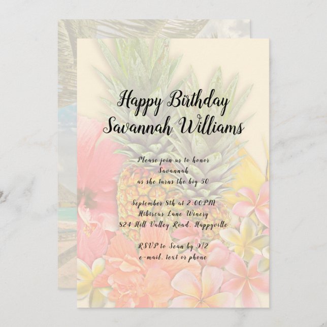 Convite Havaiana Flowers, Festa de aniversário de Ananases (Frente/Verso)