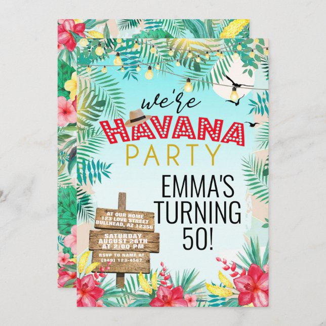 Convite Havana Nights Retro Tropical Floral (Frente/Verso)
