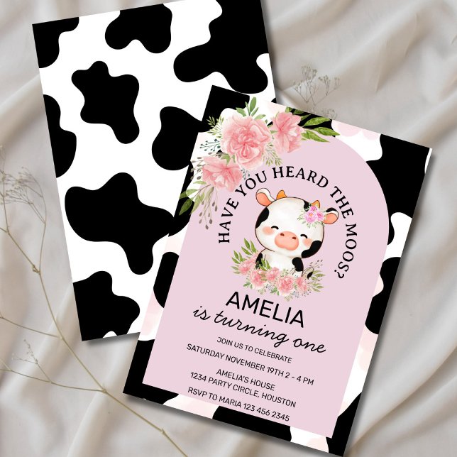 Convite Have You Heard the Moos Pink  Cow Print  Birthday (Have You Heard the Moos cow invite with watercolor flowers)