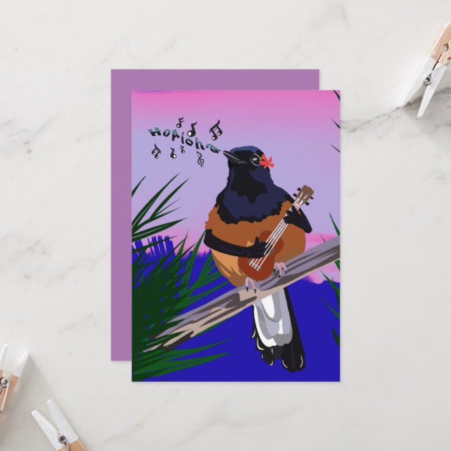 Convite Hawaiai Shama Bird tocando ukulele (Frente/Verso In Situ)