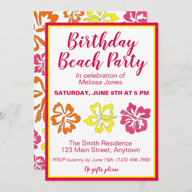 Convite Hawaii Hibiscus Flowers Birthday Beach Party Luau (Frente/Verso)