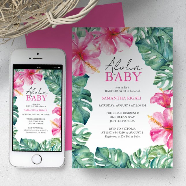 Convite Hawaiian Baby Shower Invoca Flores Tropicais (Hawaiian baby shower invitations feature watercolor Hibiscus flowers and monstera palm leaves)