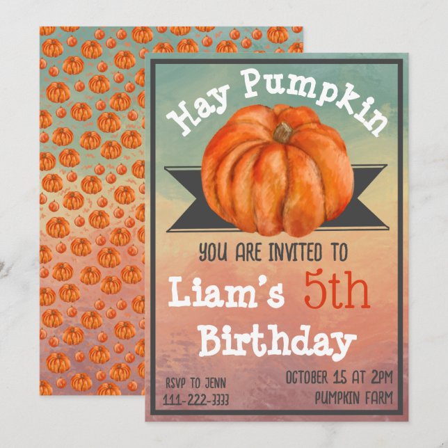 Convite Hay Pumpkin Fall Birthday Party Invitation (Frente/Verso)